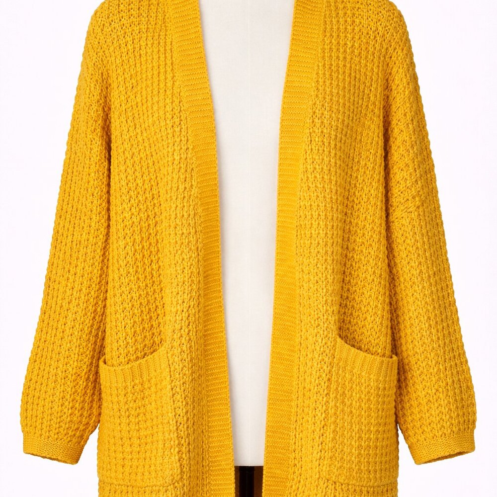 Zesica Open 3/4 Dolman Sleeve Cardigan Womens Size M Waffle Knit Pockets Mustard